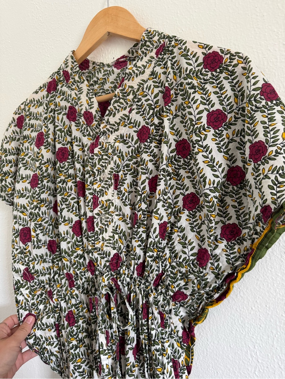 Handmade Floral Smocked Waist V-Neck Dress - Rose Print